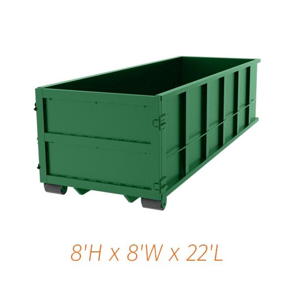 the 40-yard dumpsters are typically 22 feet long, 8 feet wide, and 8 feet tall